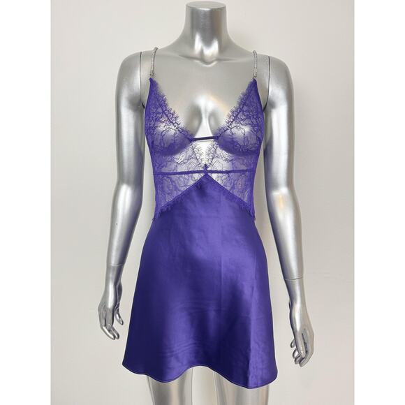 Victoria's Secret Chemise Slip Womens Small Purple Lace Satin Rhinestone Straps - Picture 1 of 12